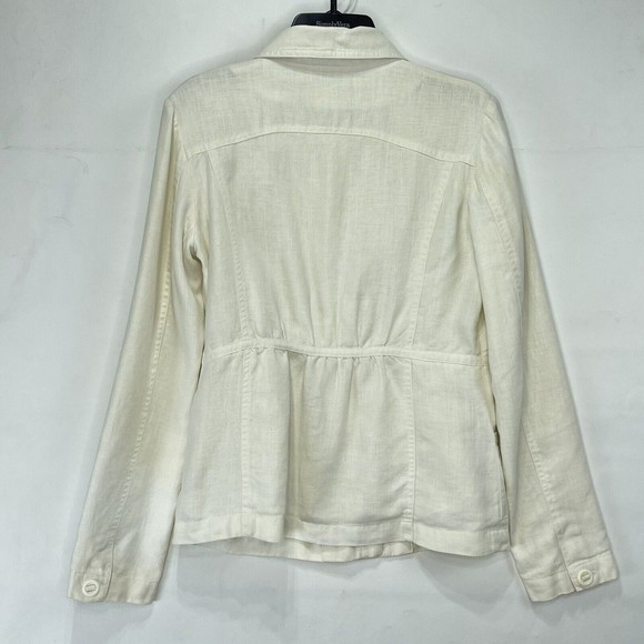 H&M Womens Jacket Blazer Sz 6 Linen Beige Button Front Long Sleeve - Picture 2 of 16